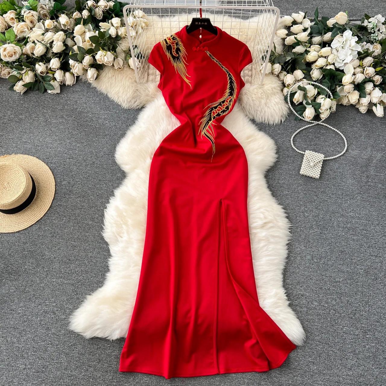 Red Long Dress With Embroidered Dragon Design