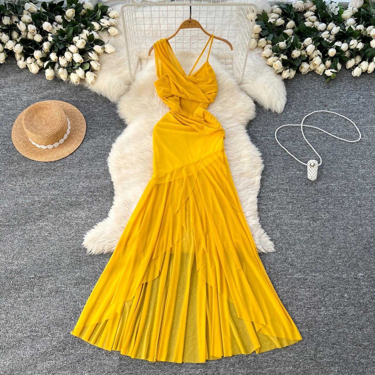 Vibrant Yellow Maxi Dress With Ruffled Hem