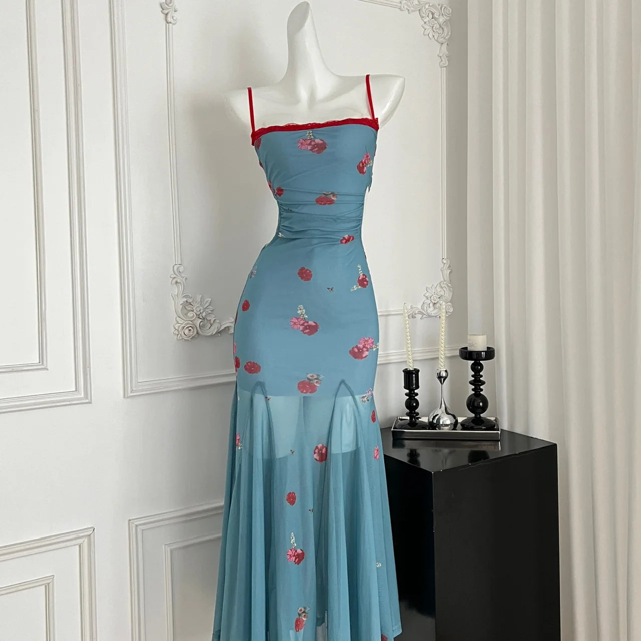blue event dresses Dewy Dreams Floral Mesh Off-Shoulder Maxi Dress Blue & Peach / L main image 0