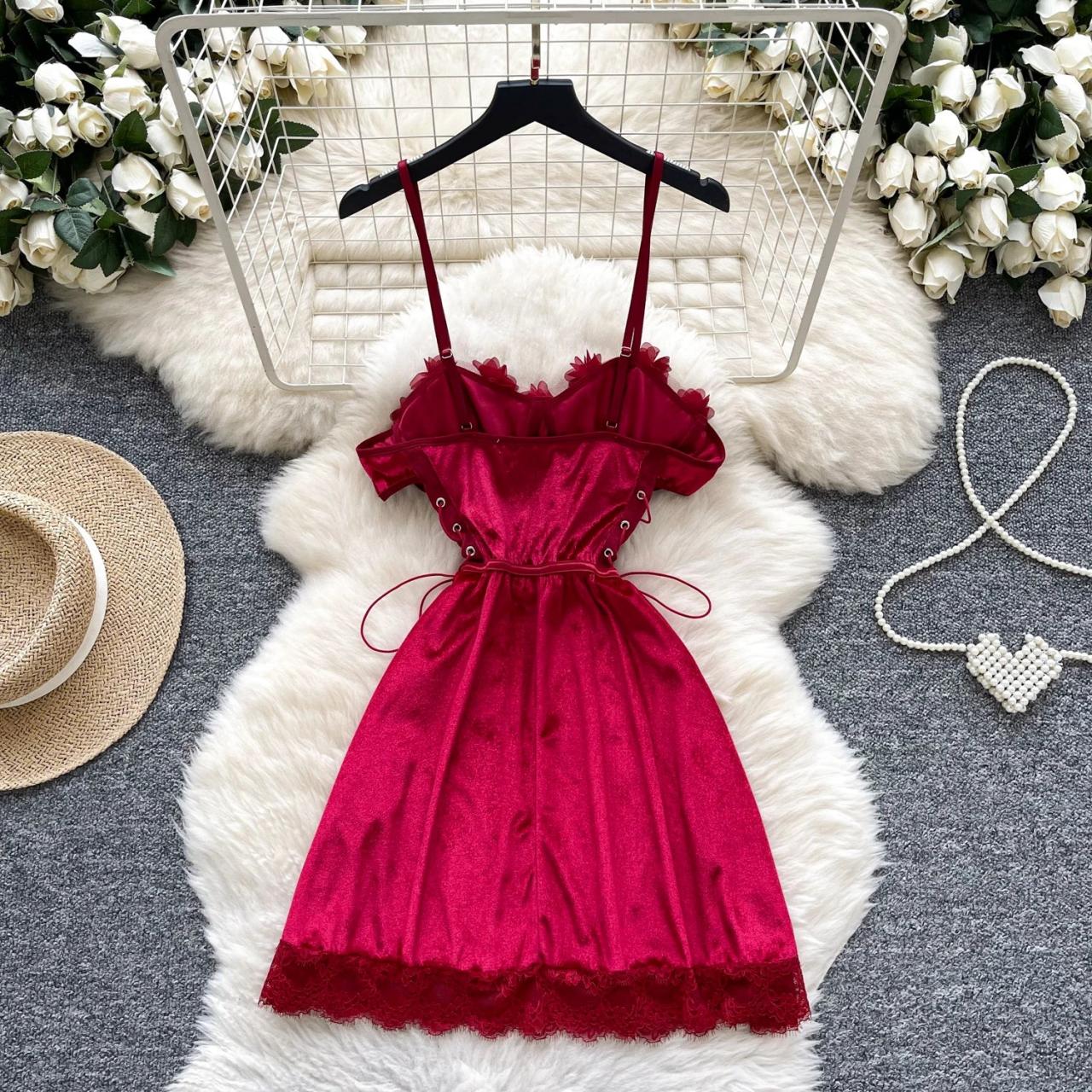 Red Lace Trim Corset Style Mini Dress