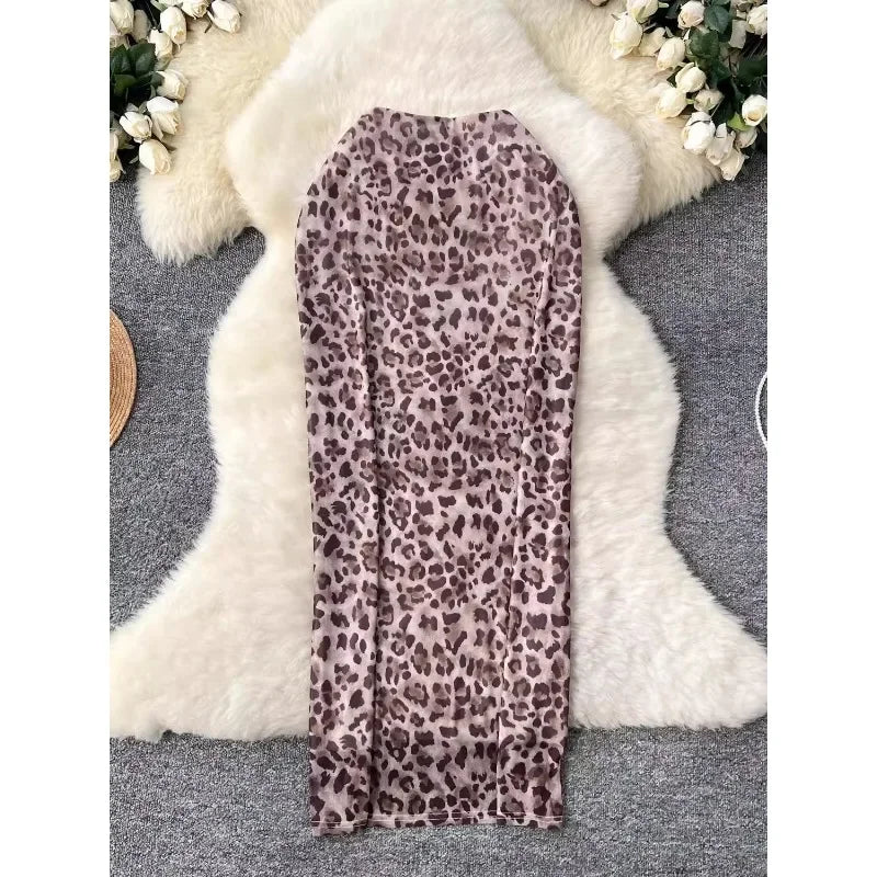 Leopard Print Long Sleeve Bodycon Midi Dress