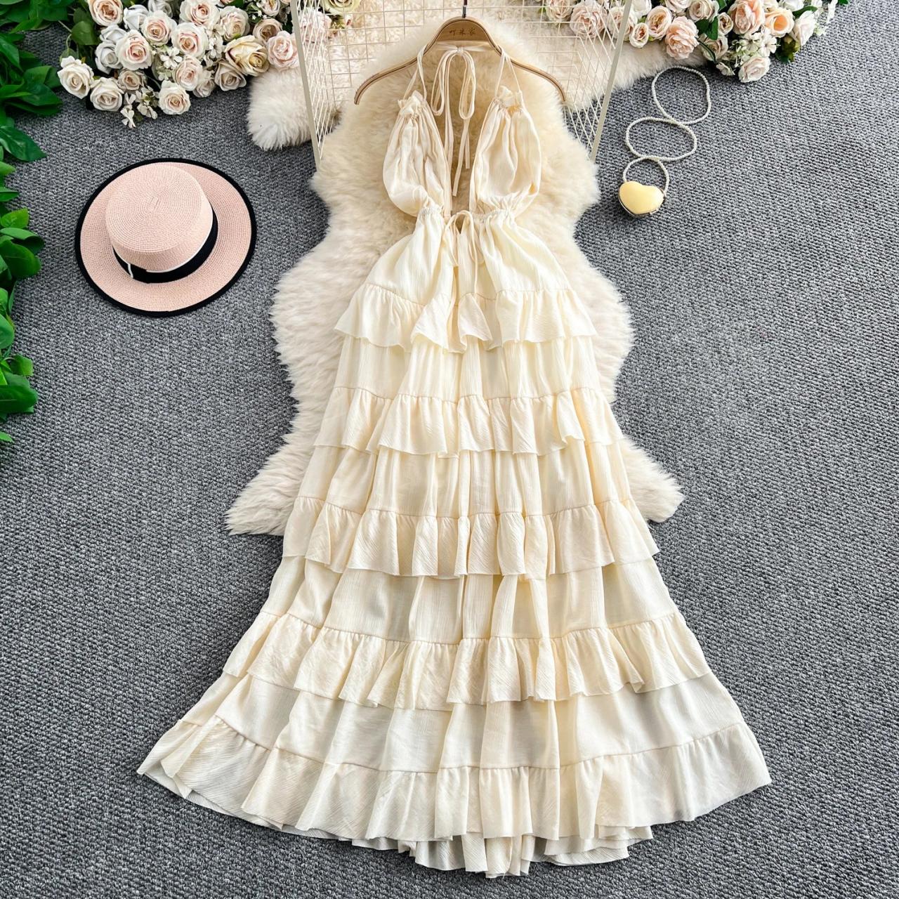 White Halter Maxi Dress With Tiered Ruffles