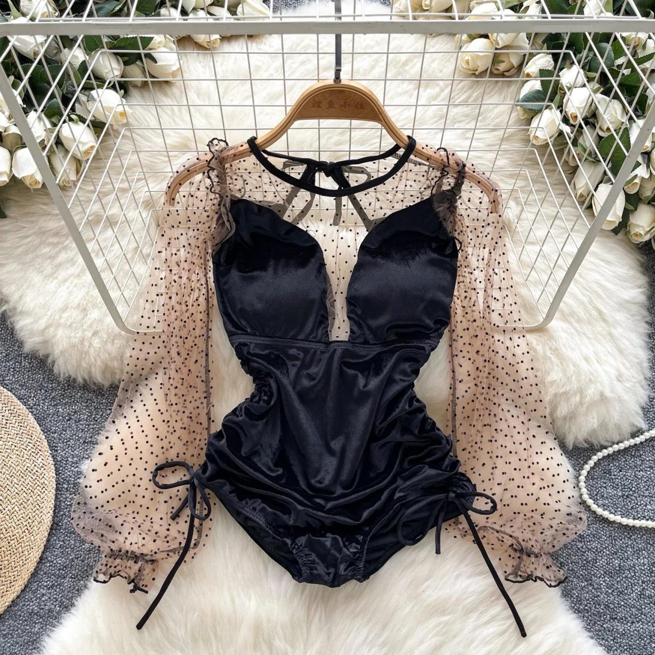 Sheer Polka Dot Long Sleeve Black Bodysuit on Luulla