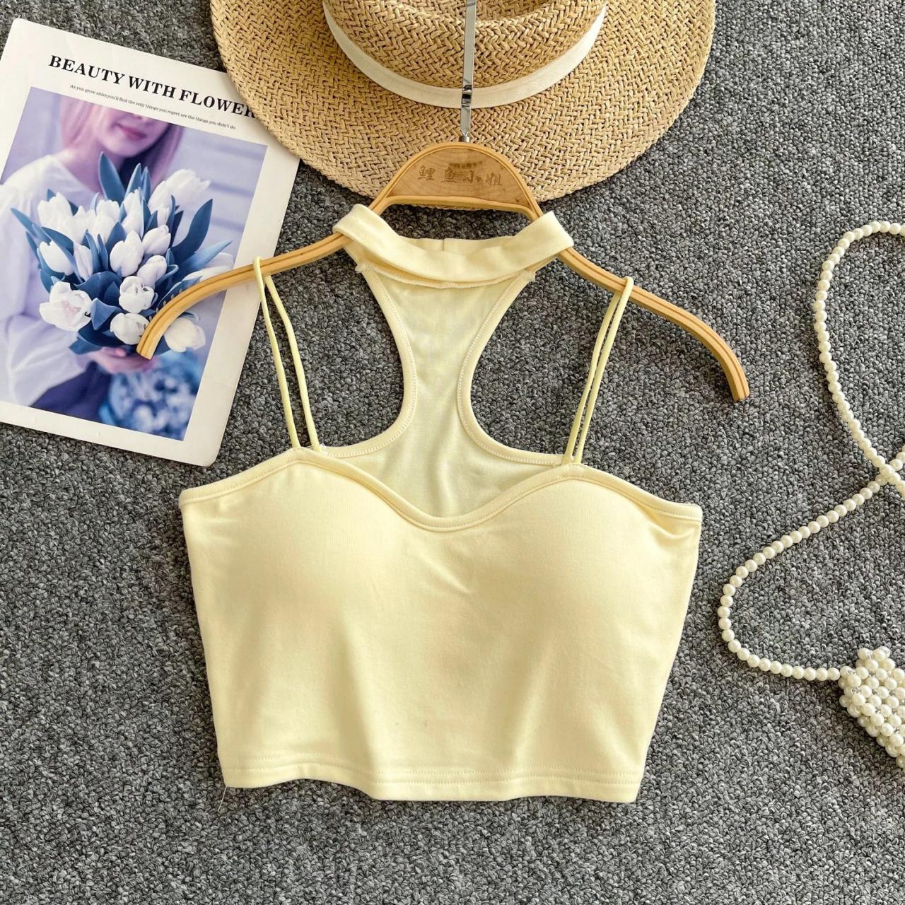 Sleeveless Yellow Crop Top With Racerback Design on Luulla