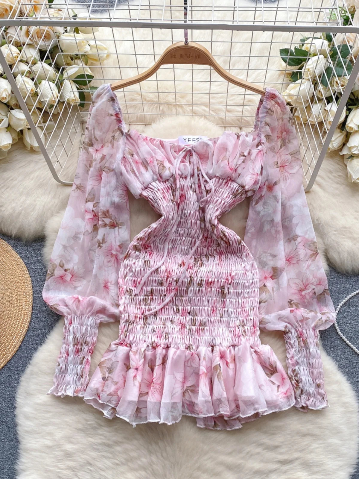 ruched puff sleeve mini dress Floral Pink Ruched Puff Sleeve Mini Dress