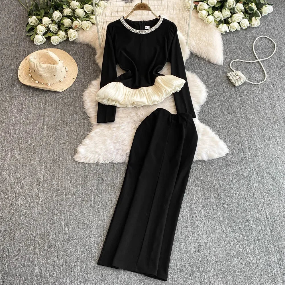 two piece bodycon dress long sleeve Long Sleeve Crystal Two Piece Dress White