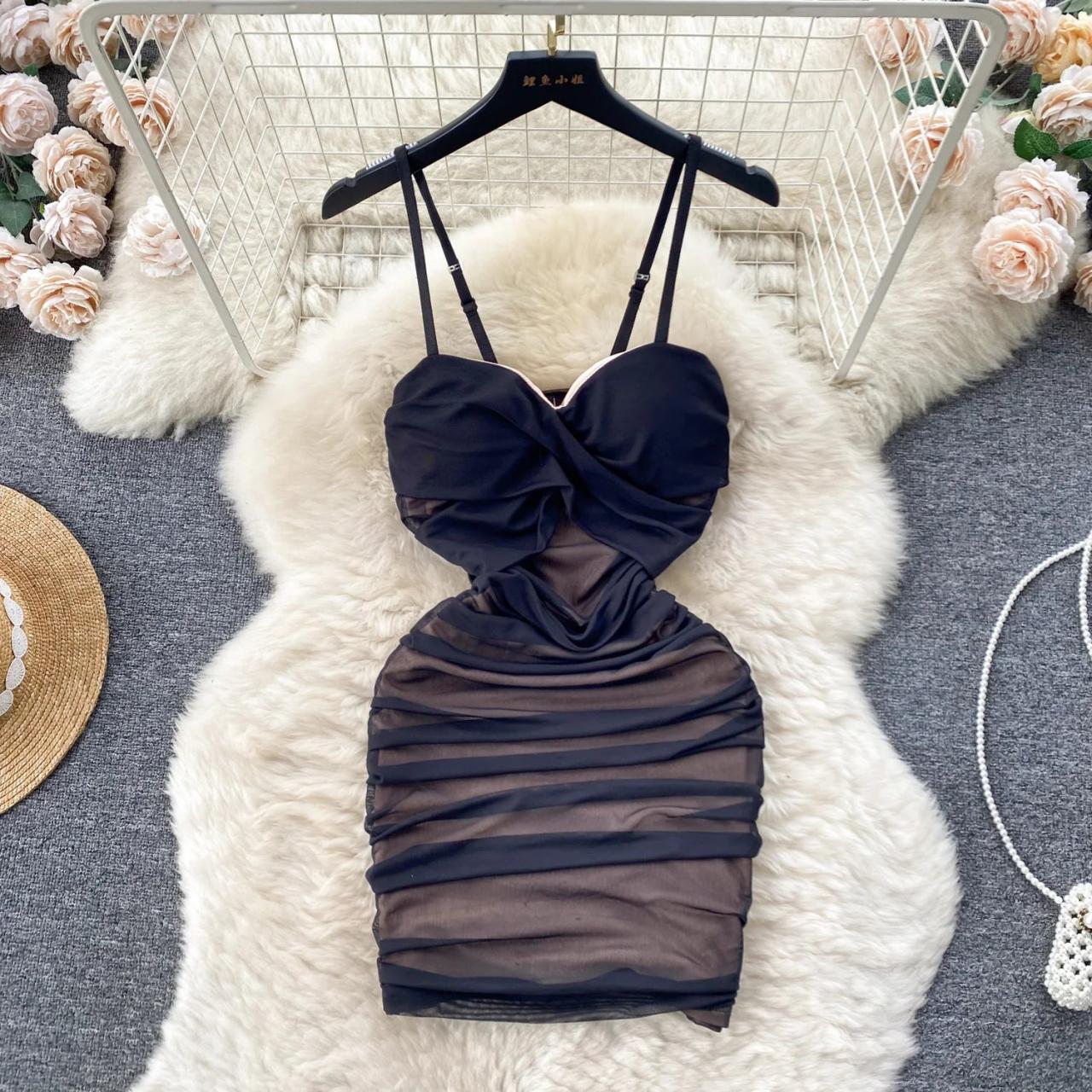 black ruched spaghetti strap bodycon dress Black Ruched Mesh Spaghetti Strap Bodycon Mini Dress Black / 2