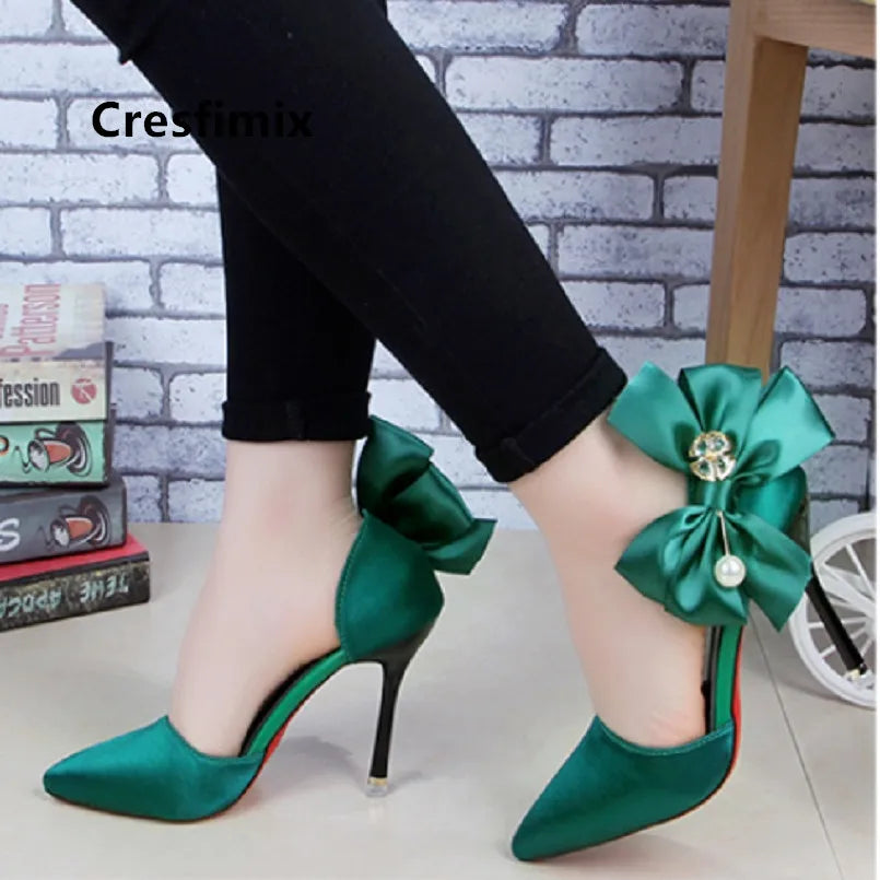 Emerald Green Satin High Heel Shoes With Bow
