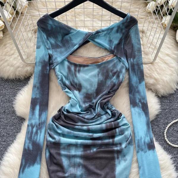 blue tie dye dress long sleeve Tie dye dress with bell sleeves. Blue tie dye maxi dress.  Nuichan